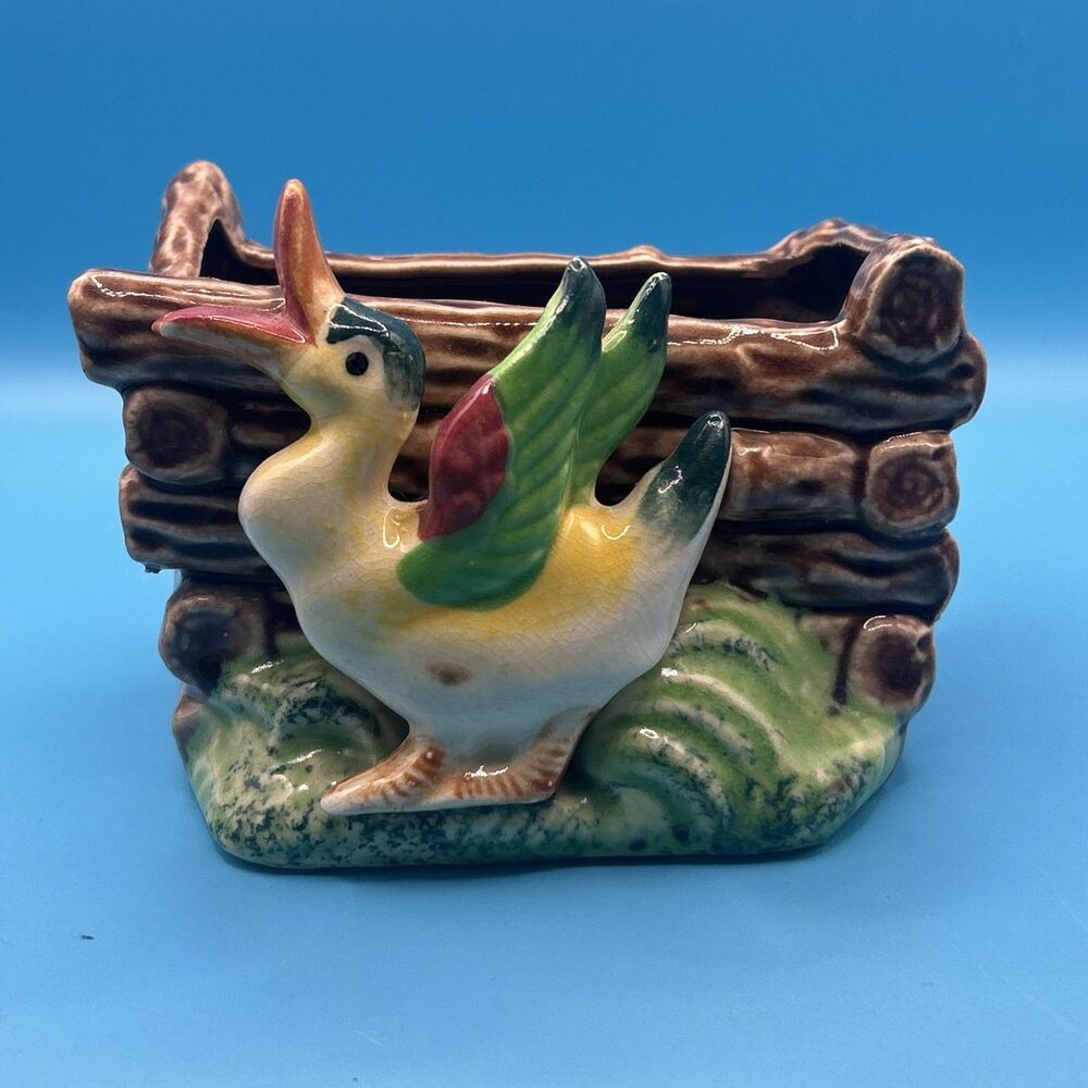 Vintage Japanese Hand Painted Ceramic Duck and Log Box Planter Grow Bamboo